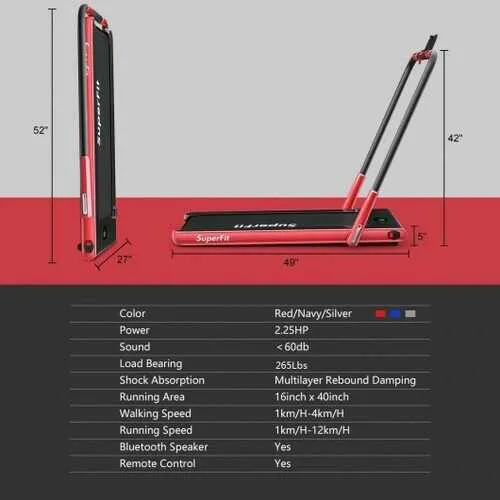 2-in-1 Folding Treadmill with RC Bluetooth Speaker LED Display-Red