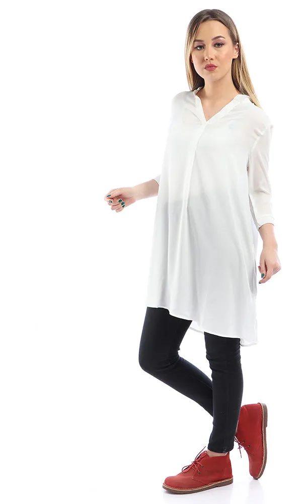 53330 Chiffon Slip On White Tunic Top With V-Neck