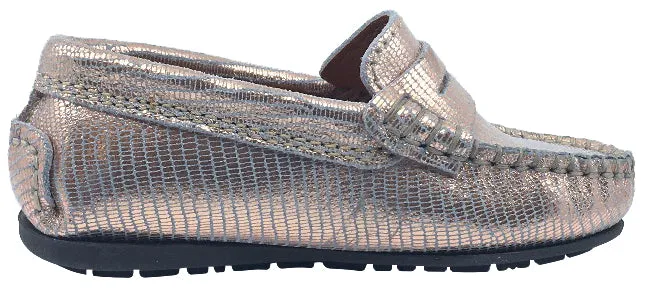 Atlanta Mocassin Girl's Rose Gold Printed Metallic Leather Slip On Moccasin Loafer Flat Shoe