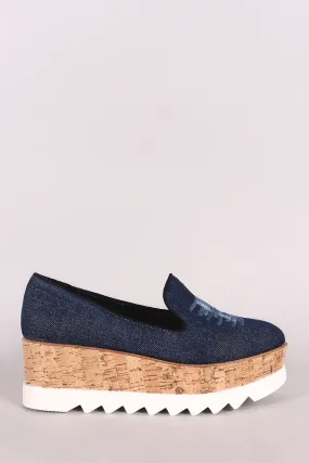 Bamboo Distressed Denim Lug Sole Loafer Platform Wedge