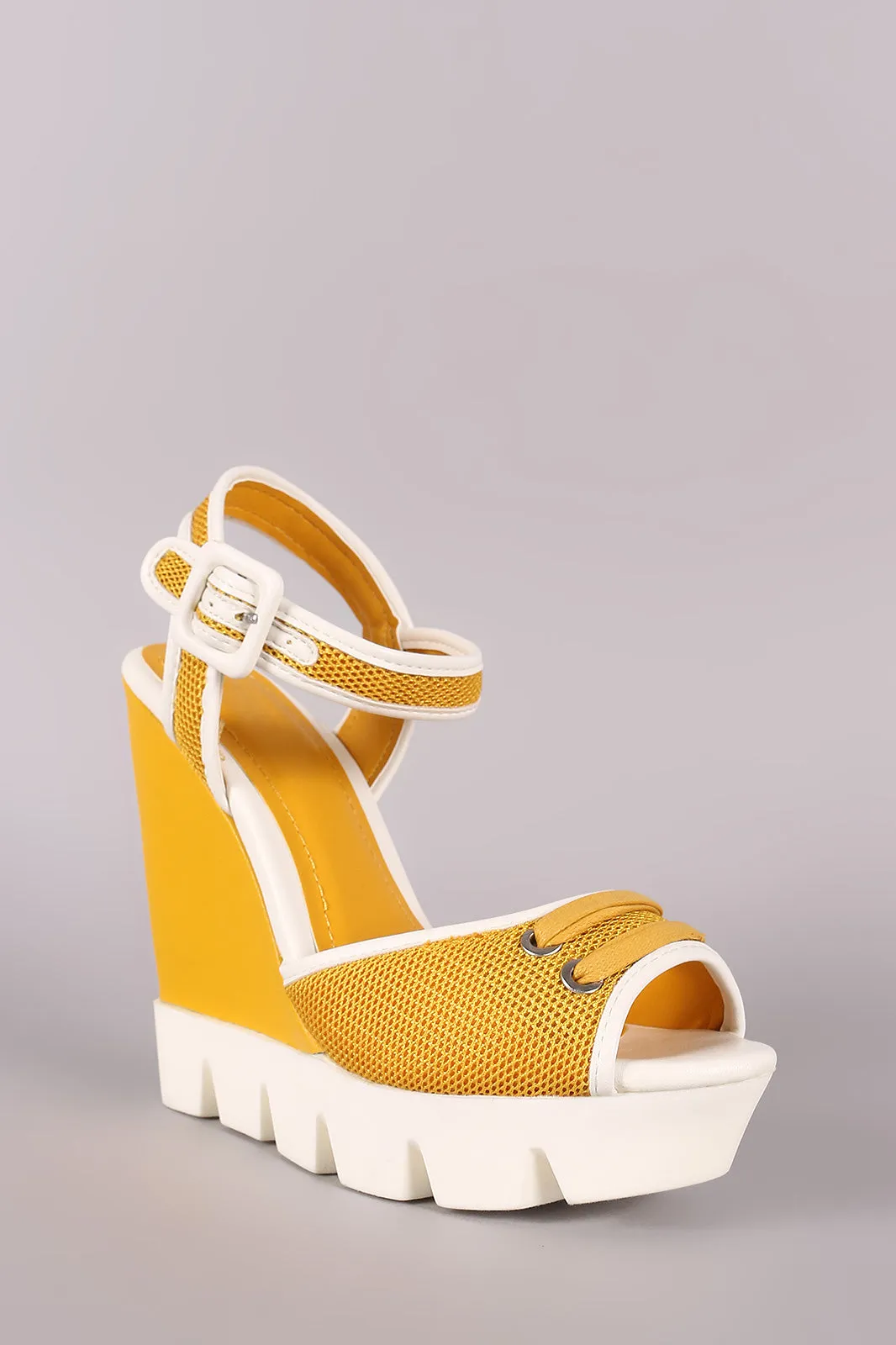 Bamboo Peep Toe Mesh Lug Sole Platform Wedge