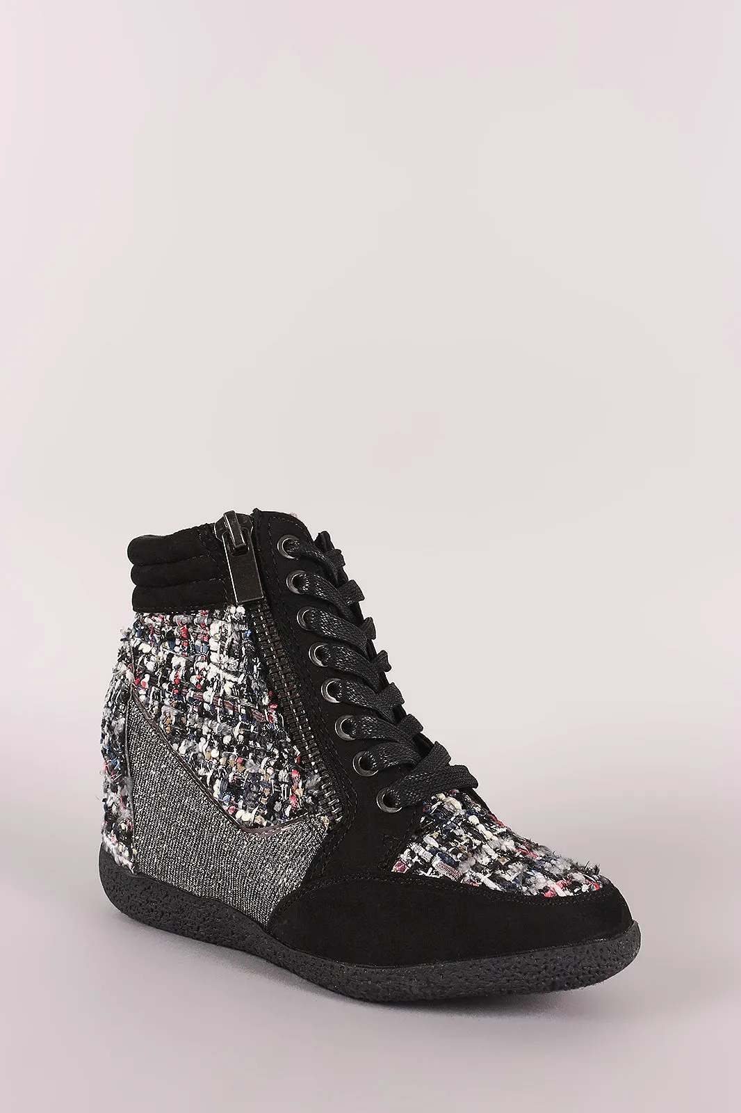 Bamboo Tweed Zipper High Top Lace Up Wedge Sneaker