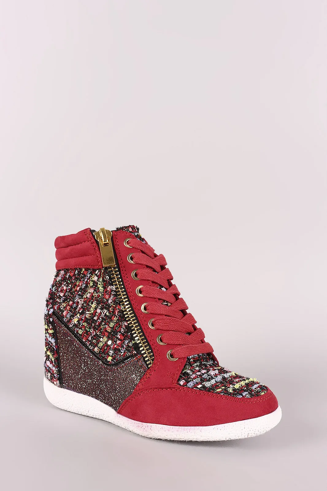 Bamboo Tweed Zipper High Top Lace Up Wedge Sneaker