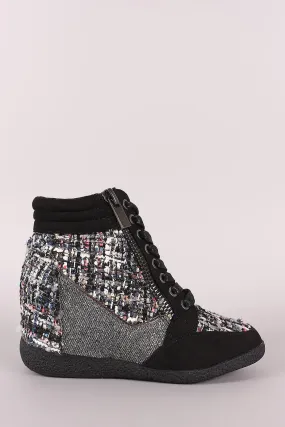 Bamboo Tweed Zipper High Top Lace Up Wedge Sneaker