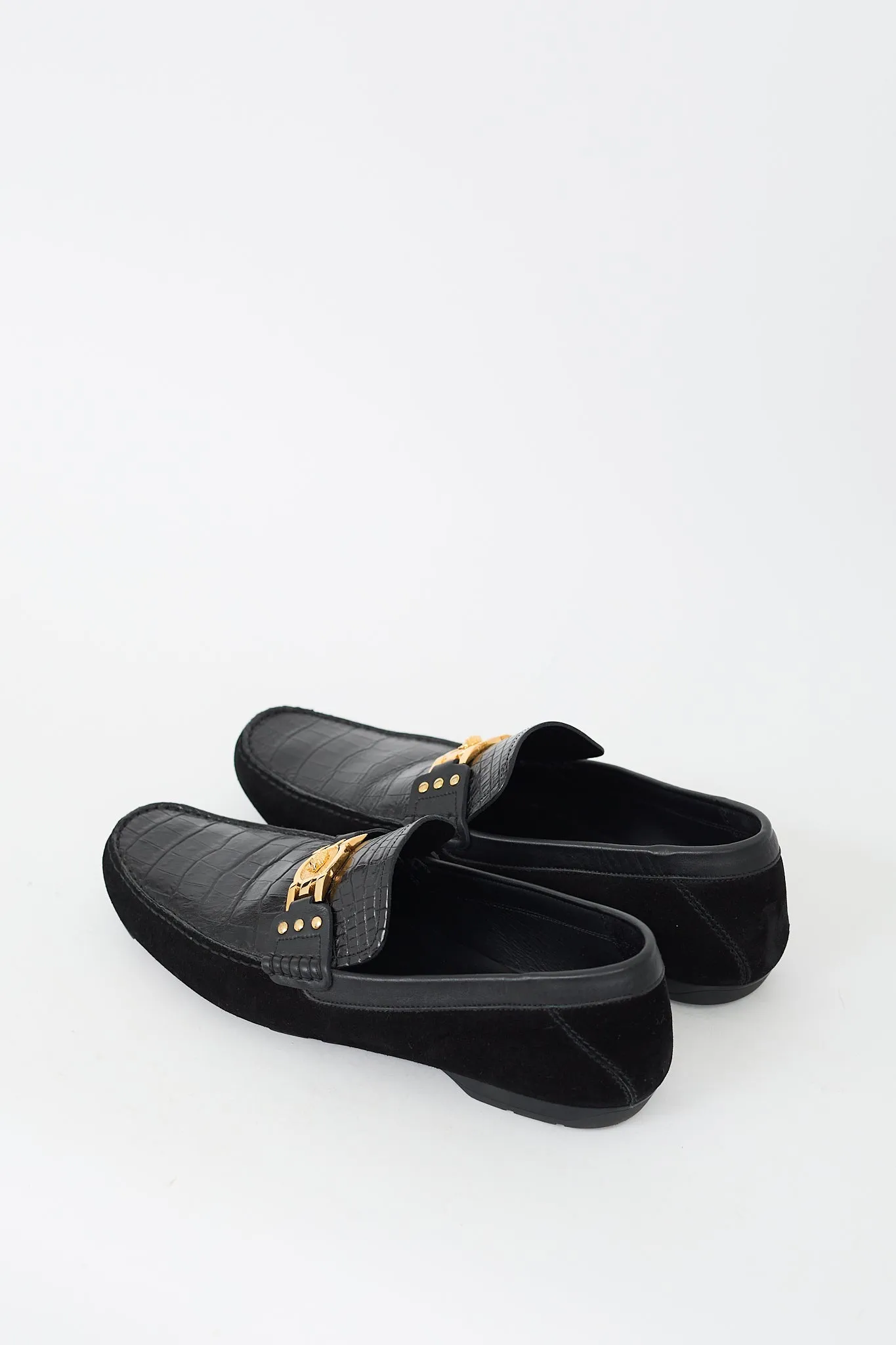 Black Embossed Leather & Suede Medusa Loafer