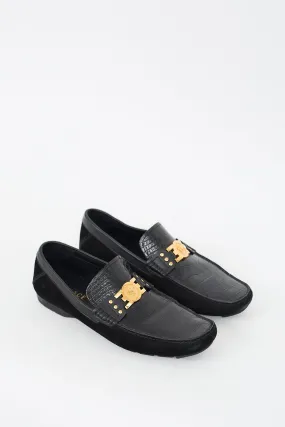 Black Embossed Leather & Suede Medusa Loafer