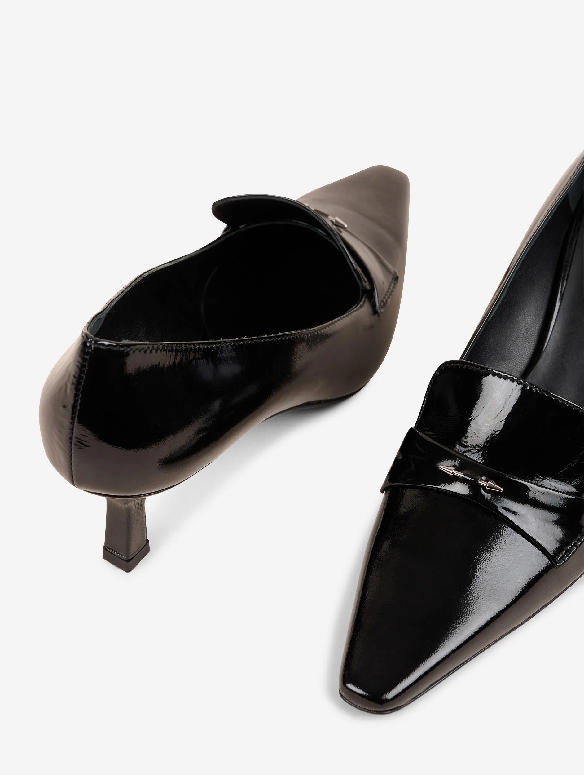 Black patent leather heeled loafers