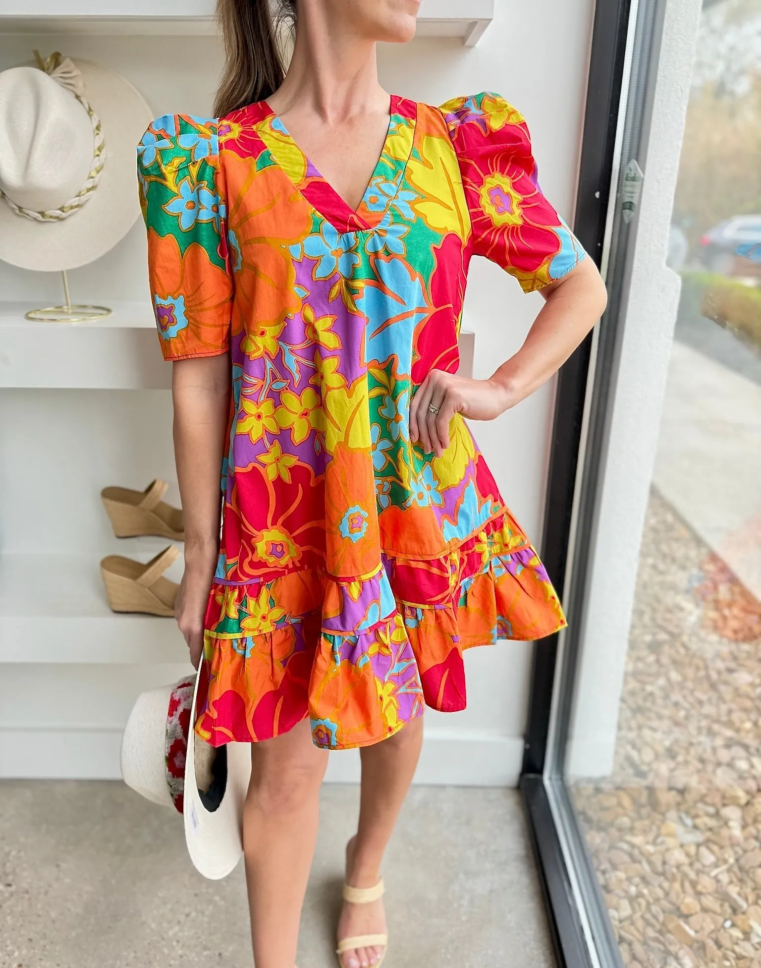 Bold Floral V Neck Ruffle Bottom Dress