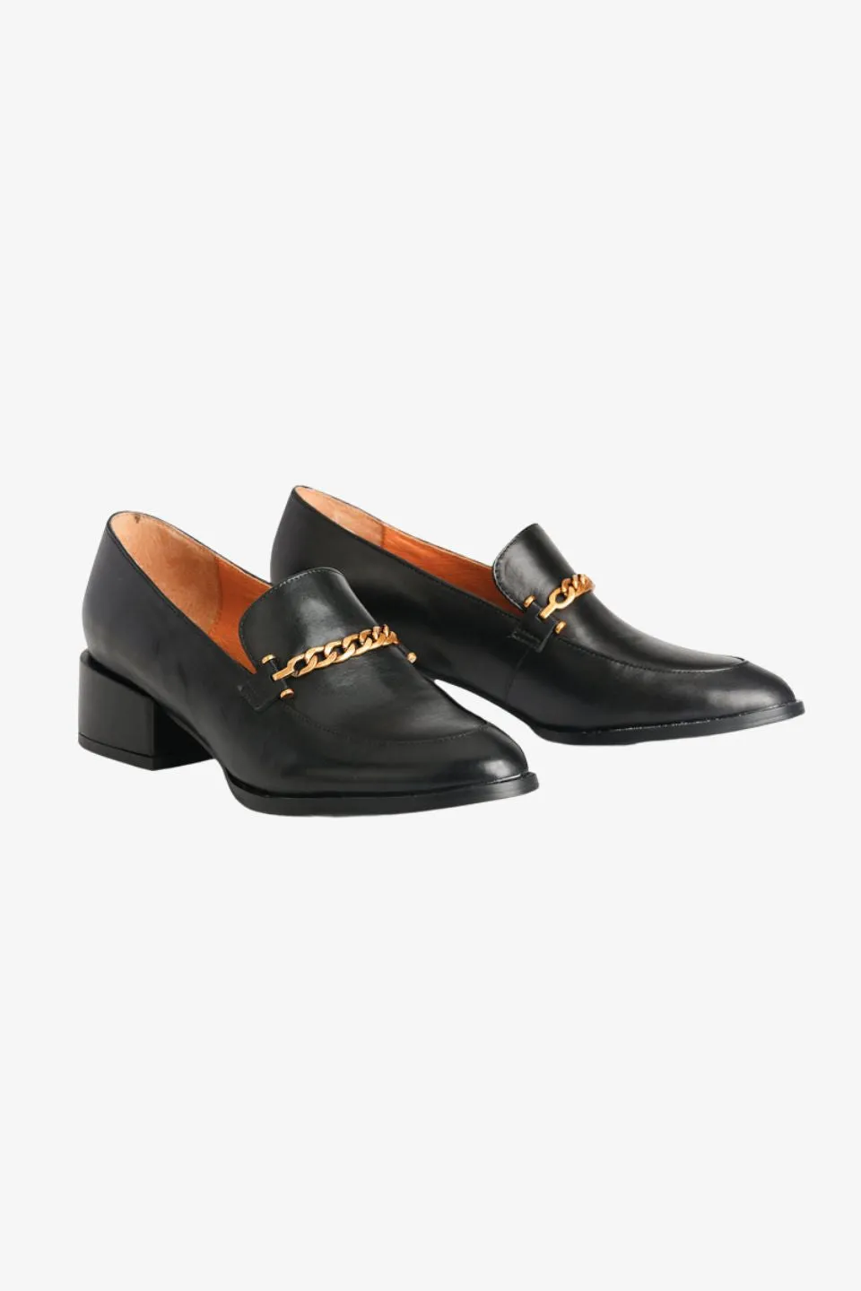 Castella Black Leather Gold Chain Loafer