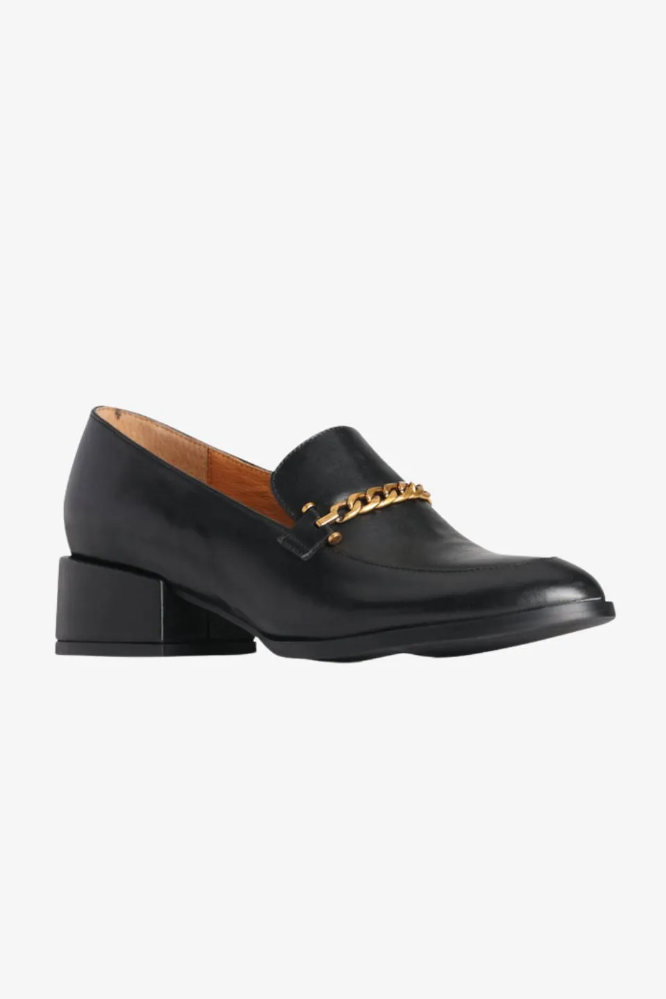 Castella Black Leather Gold Chain Loafer