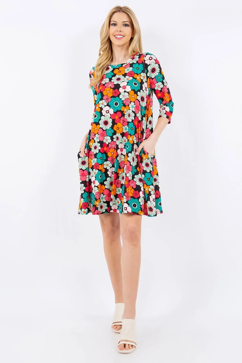 Celeste Full Size Floral Three-Quarter Sleeve Dress with Pockets