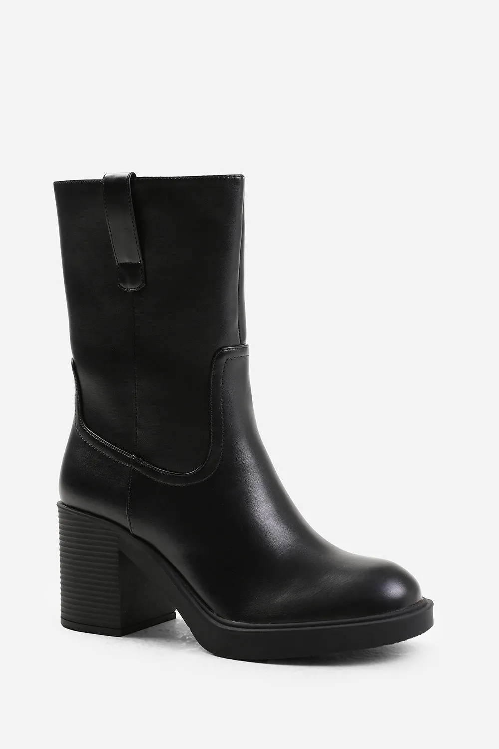 CHERISH MID CALF BOOT WITH SIDE ZIP IN BLACK FAUX LEATHER