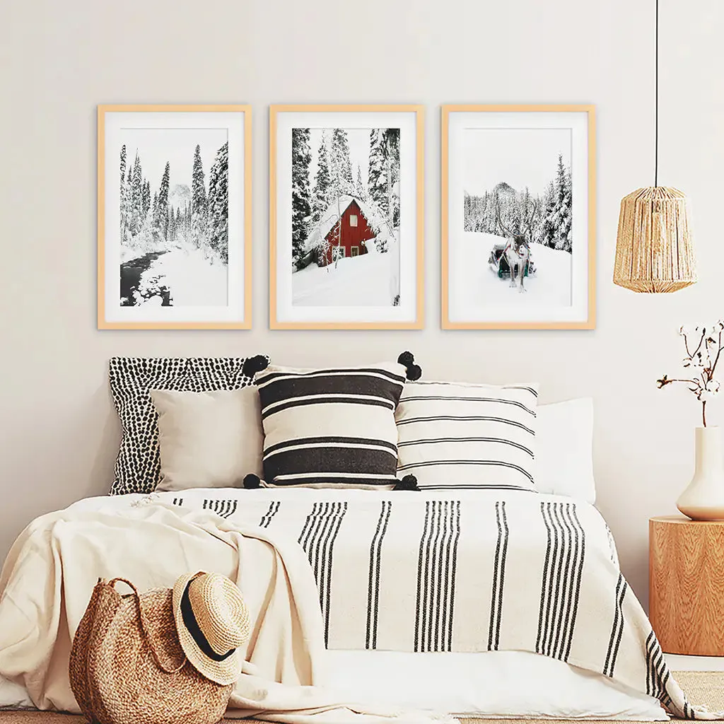 Christmas Deer Wall Art Set of 3. Red Barn, Frozen River