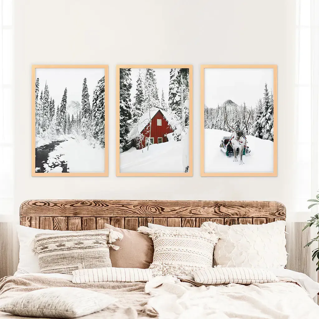 Christmas Deer Wall Art Set of 3. Red Barn, Frozen River