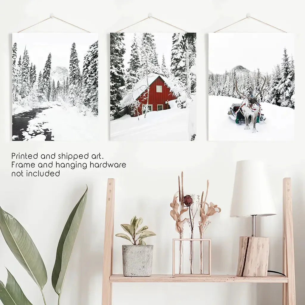 Christmas Deer Wall Art Set of 3. Red Barn, Frozen River