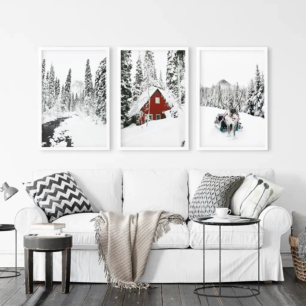 Christmas Deer Wall Art Set of 3. Red Barn, Frozen River