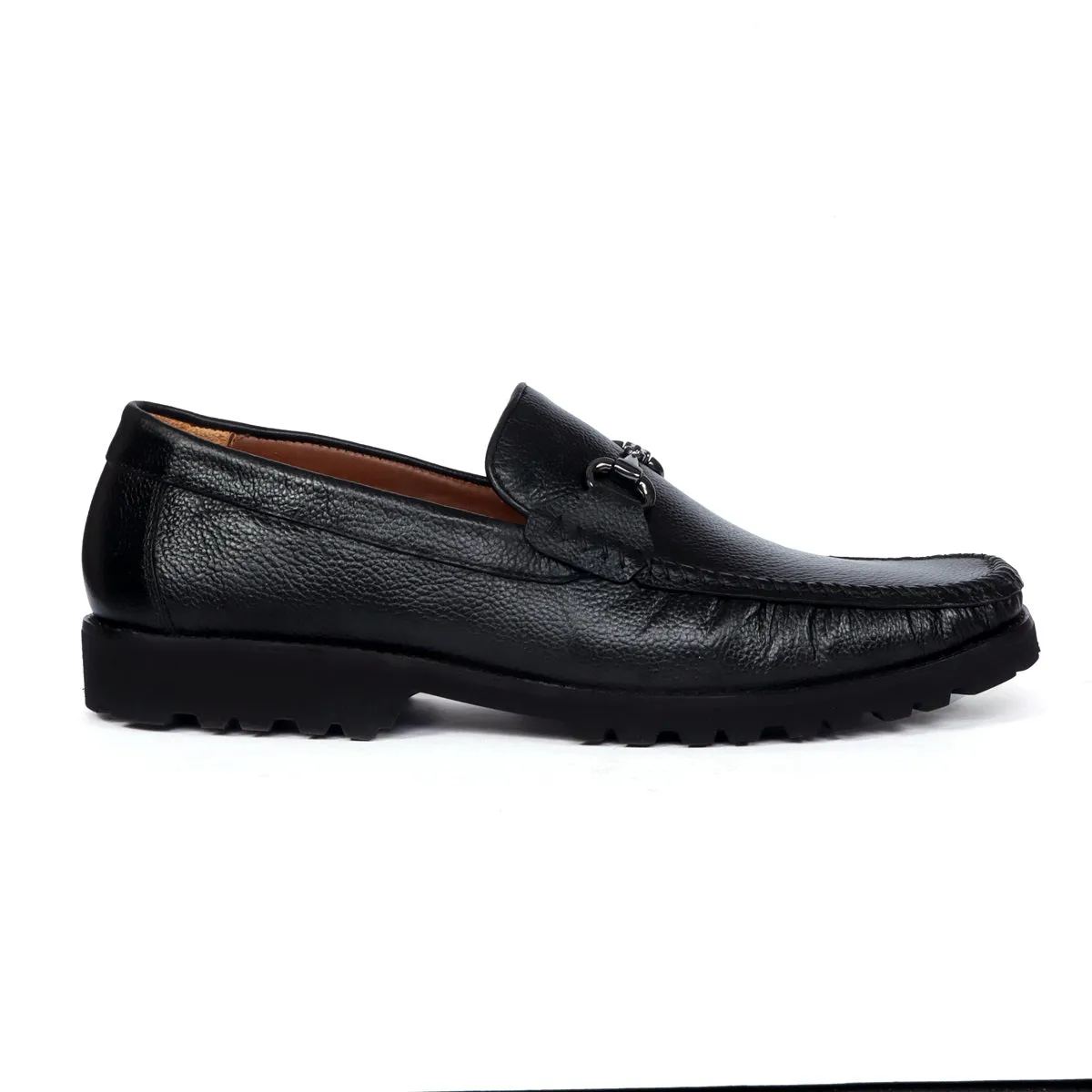 Chunky Sole Black Loafer Textured Leather With Horse-bit Buckle Detailing