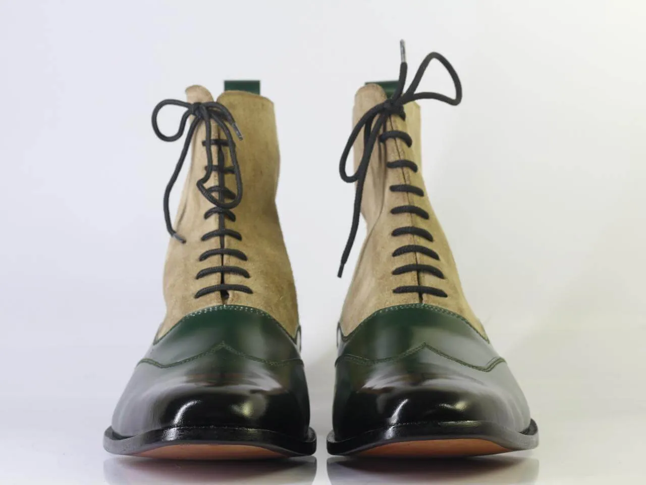 Handmade Men's Green Beige Lace Up Boots, Men Wing Tip Leather Suede Ankle Boots