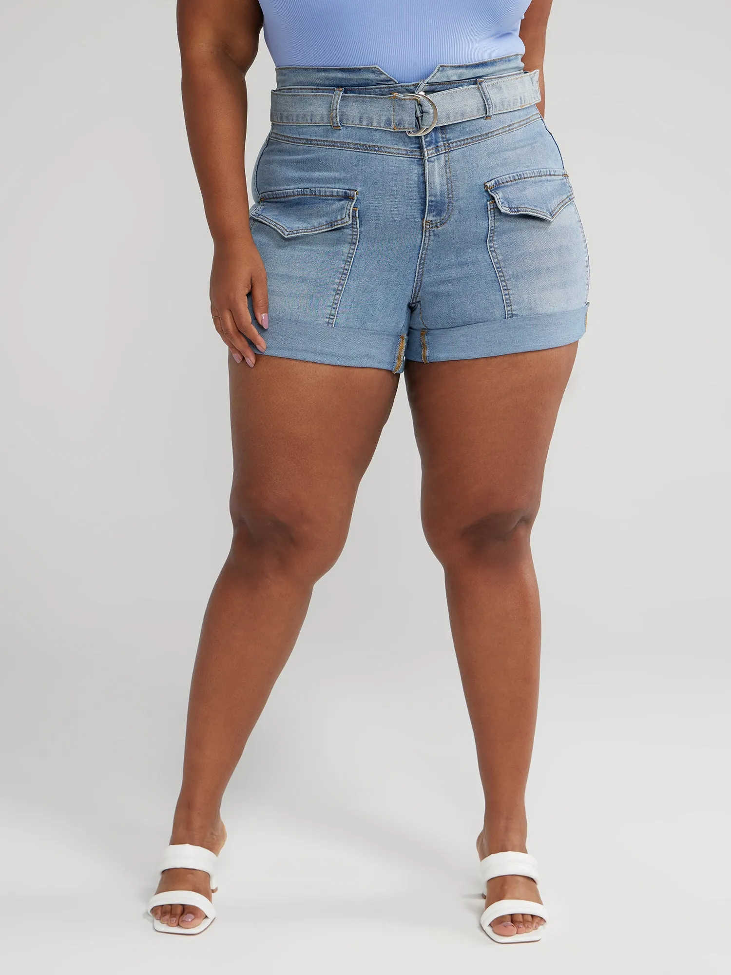 High Rise Belted Cargo Denim Shorts