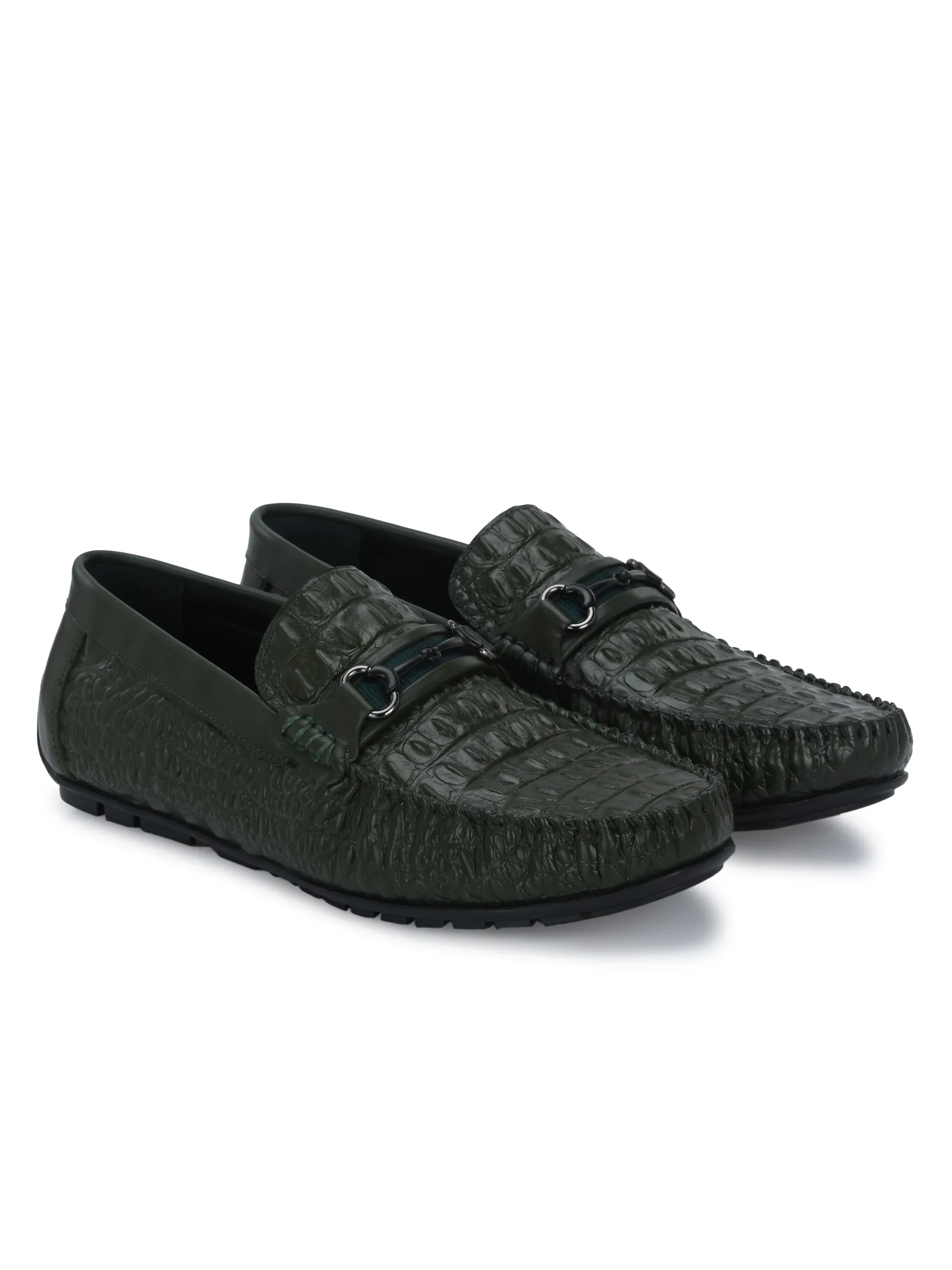 Hitz Men's Green Leather Casual Slip on Loafers