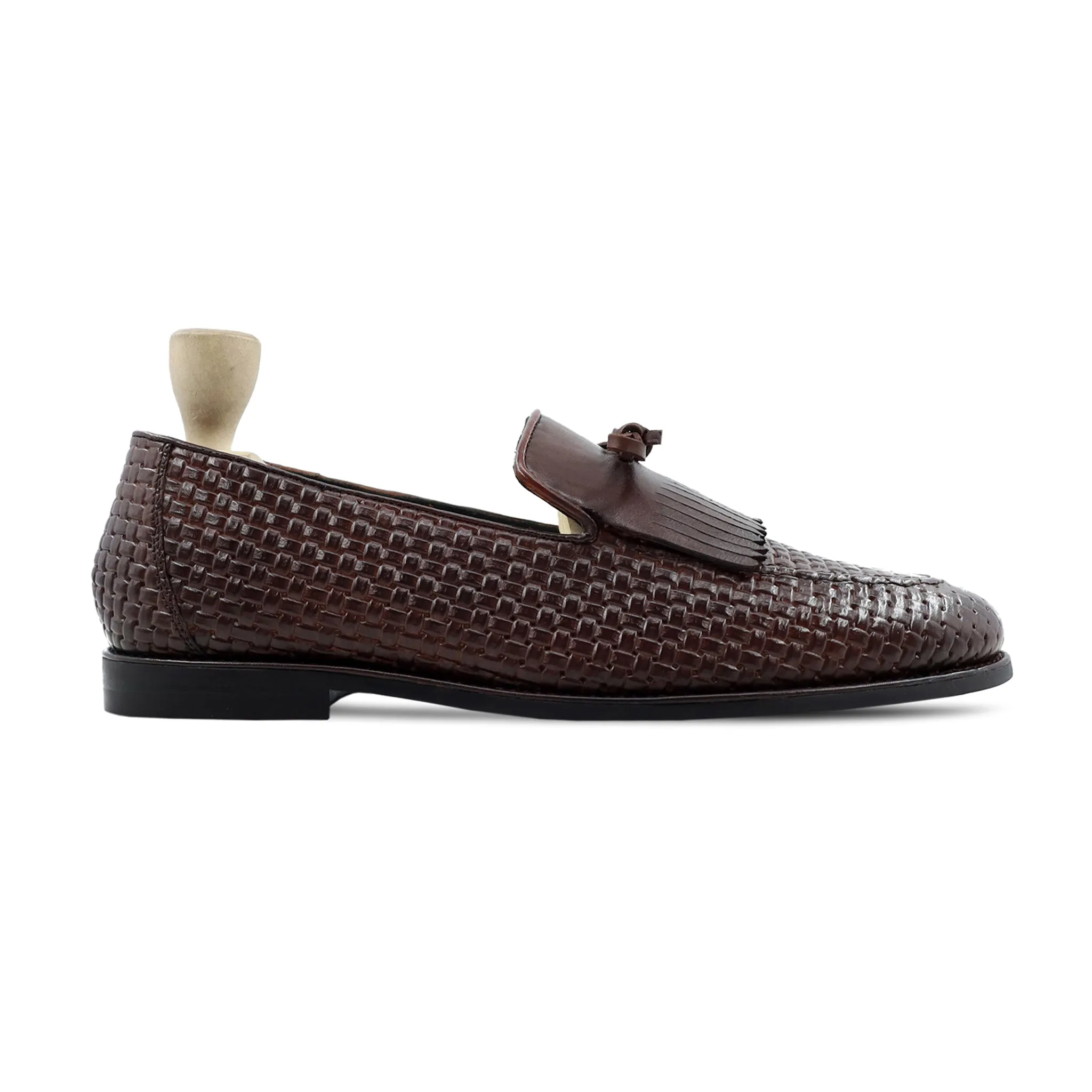 Korsor - Men's Dark Brown Woven Printed Leather Loafer