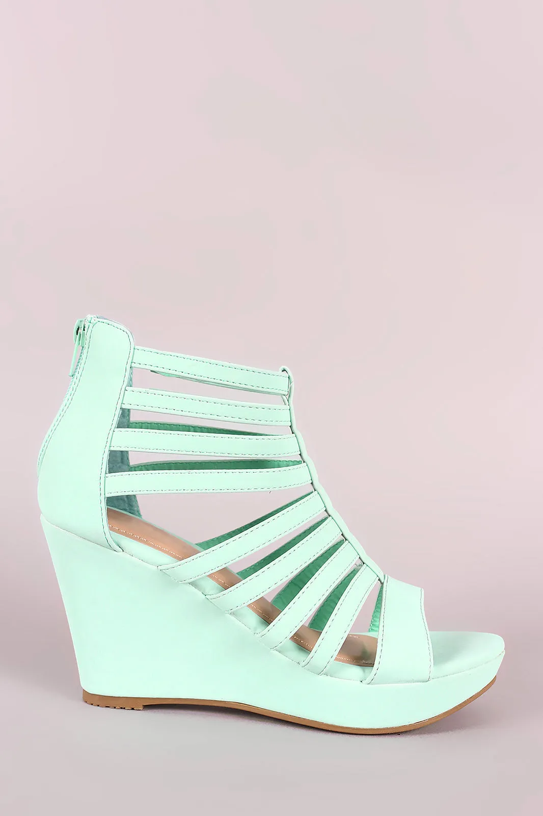 Nubuck Strappy Caged Platform Wedge