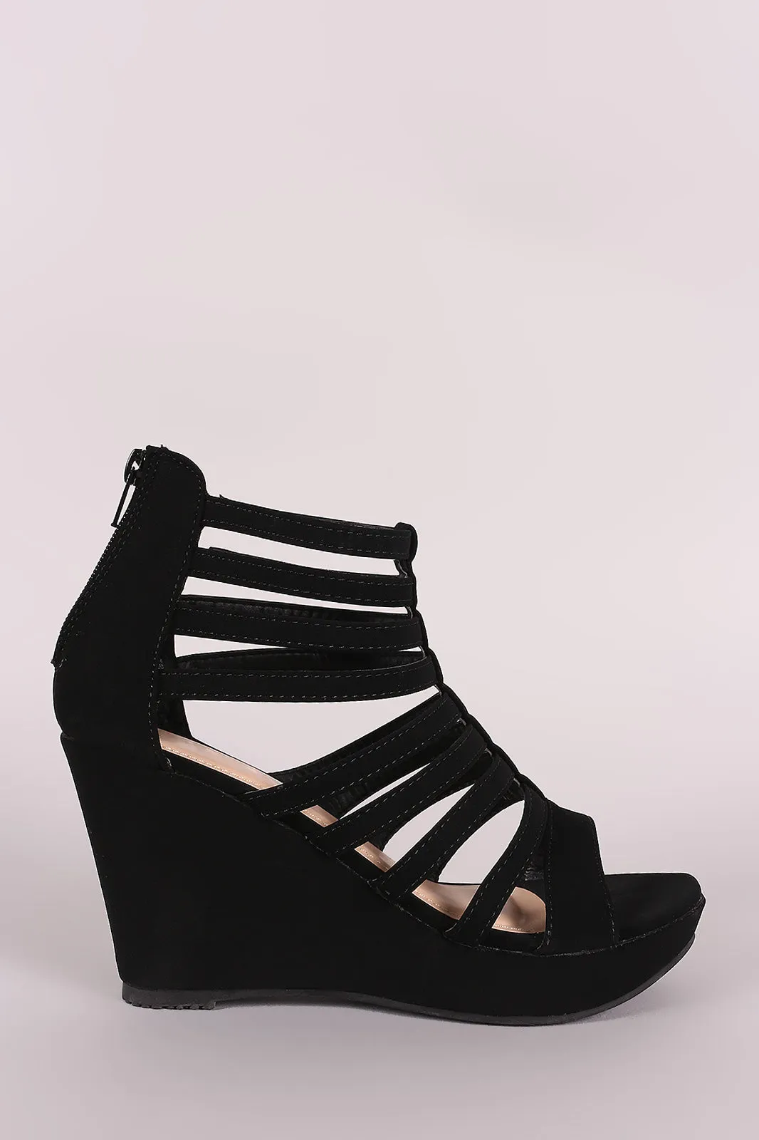 Nubuck Strappy Caged Platform Wedge