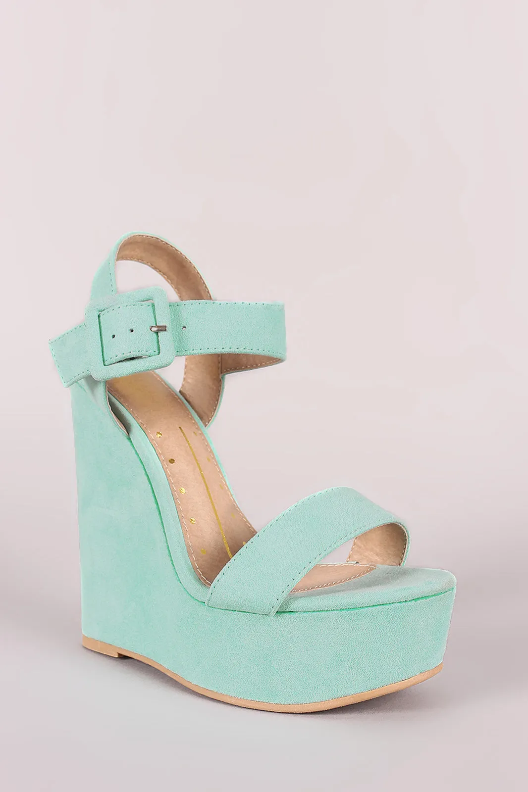 Suede Open Toe Buckled Ankle Strap Platform Wedge