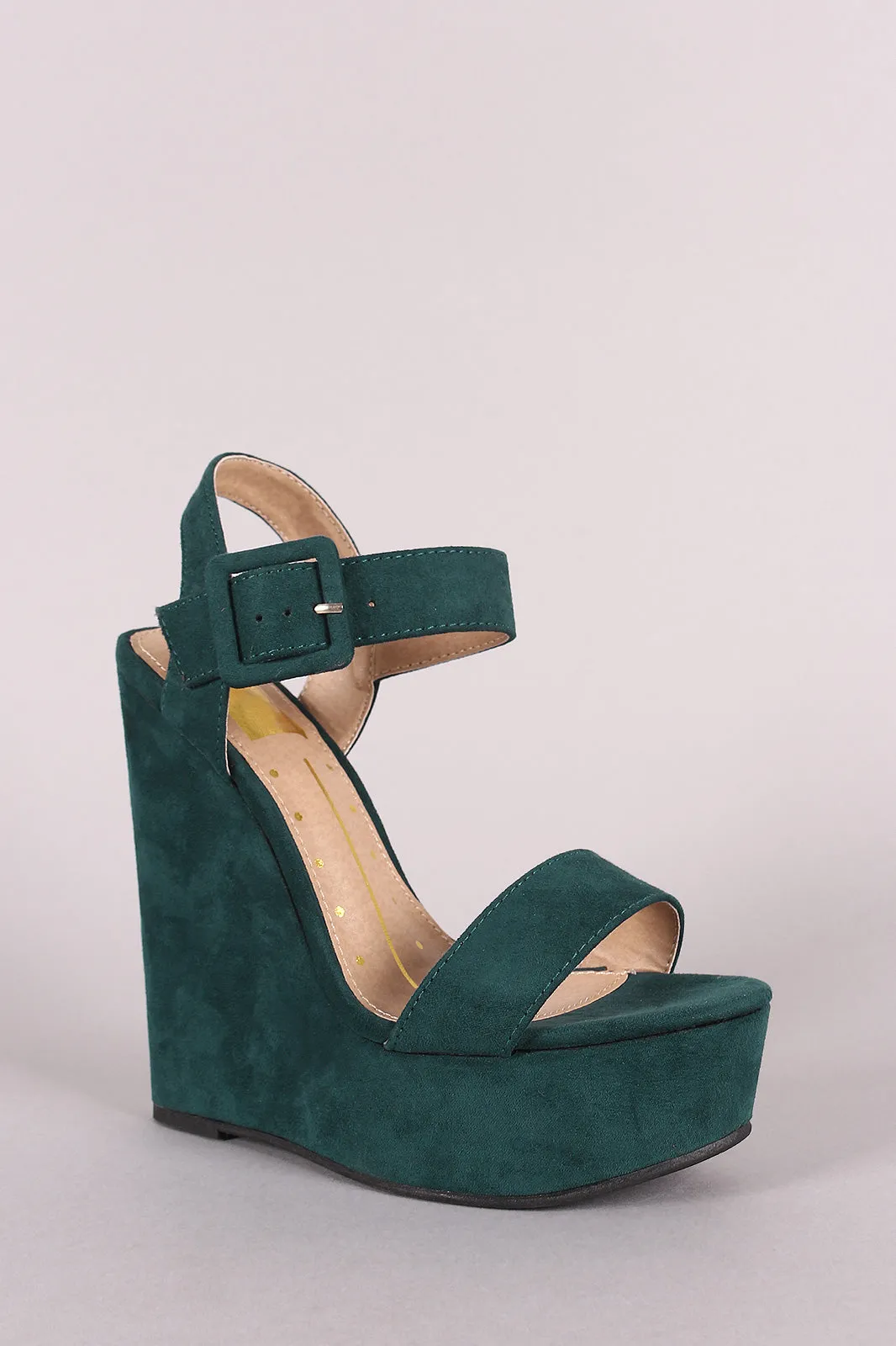 Suede Open Toe Buckled Ankle Strap Platform Wedge