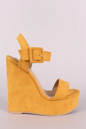 Suede Open Toe Buckled Ankle Strap Platform Wedge