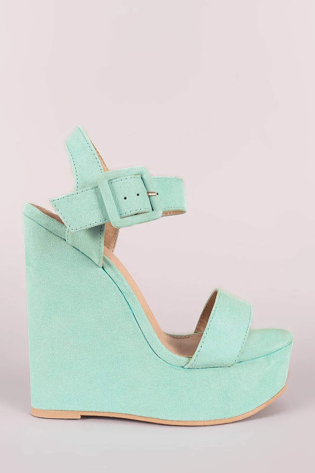 Suede Open Toe Buckled Ankle Strap Platform Wedge