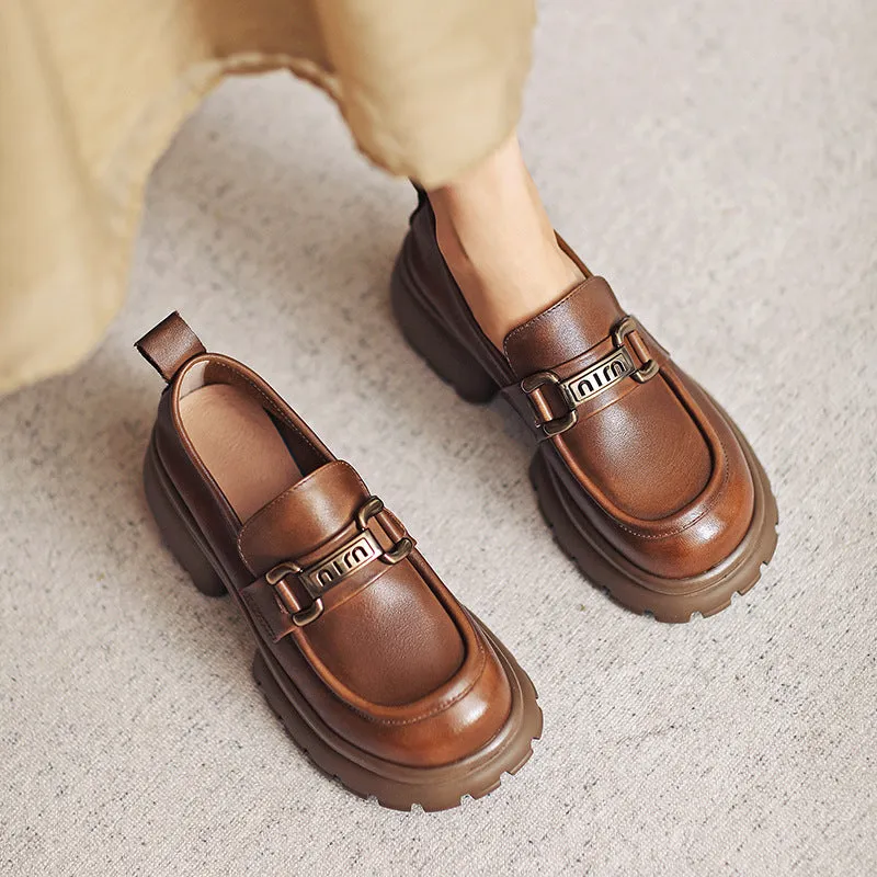 Women Casual Leather Chunky Platform Loafers