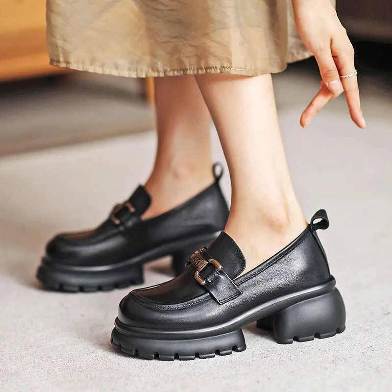 Women Casual Leather Chunky Platform Loafers