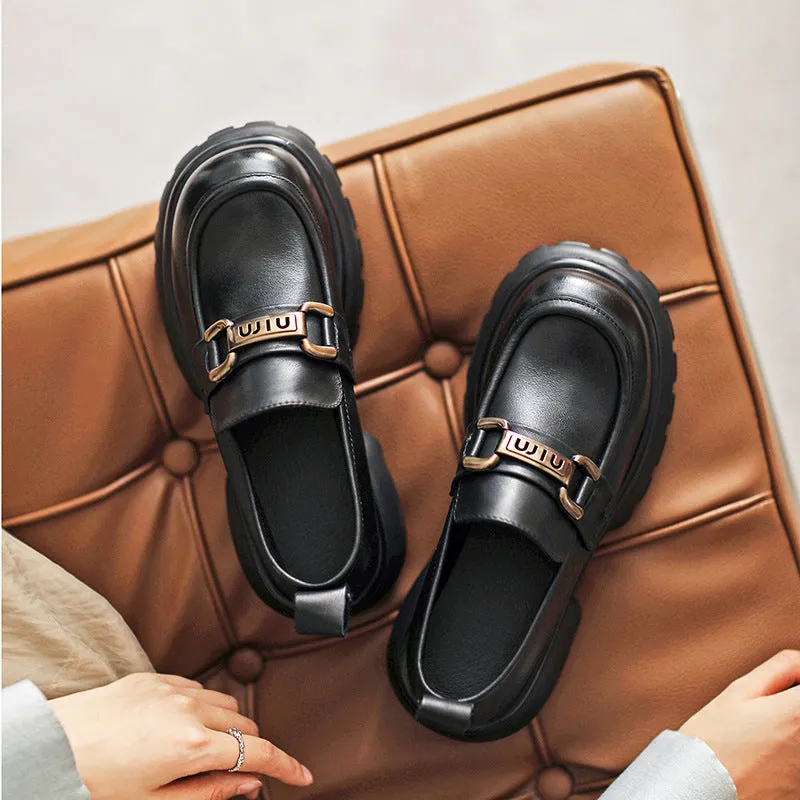 Women Casual Leather Chunky Platform Loafers