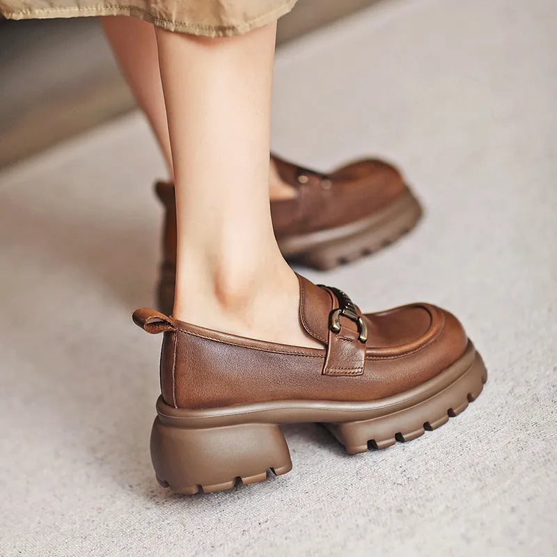 Women Casual Leather Chunky Platform Loafers