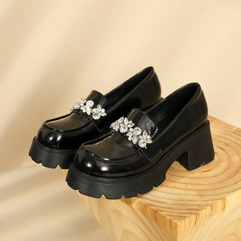 Women Casual Leather Crystal Chunky Heel Loafers