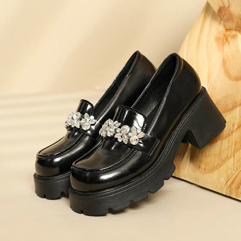 Women Casual Leather Crystal Chunky Heel Loafers