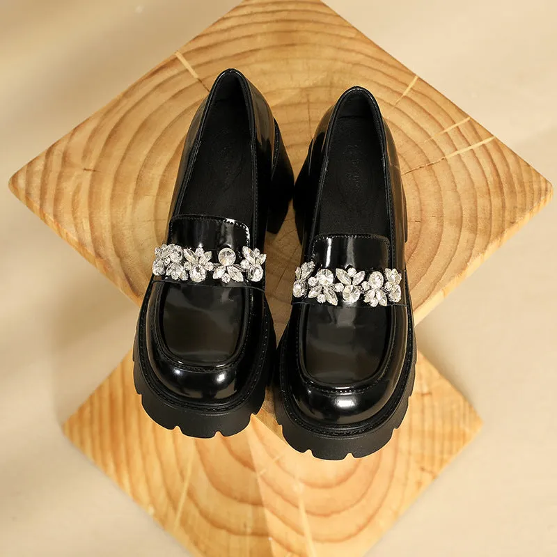 Women Casual Leather Crystal Chunky Heel Loafers