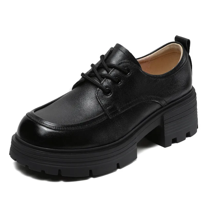 Women Casual Leather Platform Lace-up Loafers